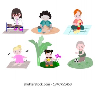Illustration vector kid on isolate background. Learn and playing online. Children doing activities for kindergarteners. Clipart character education concept. Decoration the classroom website.
