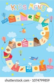 Illustration vector of kids menu design template with cute game concept on sky and transportation for restaurants