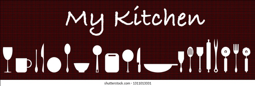 Illustration vector kitchen tools on black and red dots texture