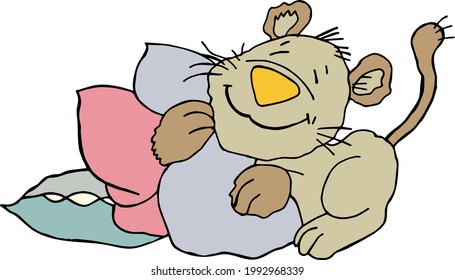 Illustration vector kitten lies on pillows for childish design wallpaper fabric white background