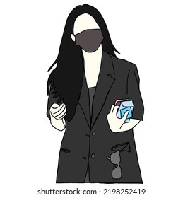 Illustrationsvektor der Modeskizze des Kpop Flughafens. Flughafen-Idole in Korea. K-Pop-Modedol Ein Mädchen in einem Anzug mit einem Handy, einer Karte und einer Box mit Getränken in der Hand