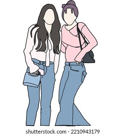 Illustration vector of Kpop airport fashion sketch. Airport idols of Korea. K-pop female fashion idol. A girl in comfortable casual wear
