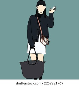 Illustration vector of Kpop airport fashion sketch. Airport idols of Korea. K-pop female fashion idols. A  girl in comfortable casual wear.