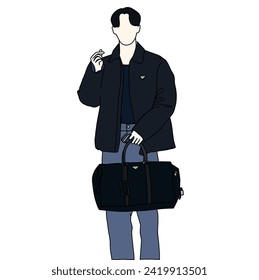 Illustrationsvektor der Kpop Airport Mode . Flughafen-Idole in Korea. K-Pop-Männchen-Modedol. Ein Junge mit bequemem Freizeitkleidung und Gepäcksack