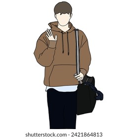 Illustrationsvektor der Mode am Flughafen Kpop. Flughafen-Idole in Korea. K-Pop-Männchen-Modedol. Ein Junge mit bequemer Freizeitbekleidung