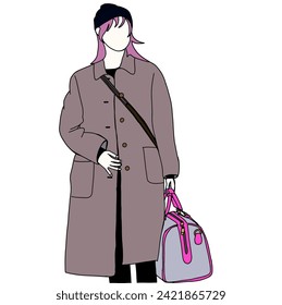 Illustrationsvektor der Mode am Flughafen Kpop. Flughafen-Idole in Korea. K-Pop-Modedol Ein Mädchen mit bequemem Freizeitkleidung und Gepäcksack