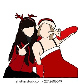 Illustrationsvektor der Kpop-Mode. Eine Idol, die Weihnachten in ihrem Studentenwohnheim feiert. Verwendung von Weihnachtszubehör.