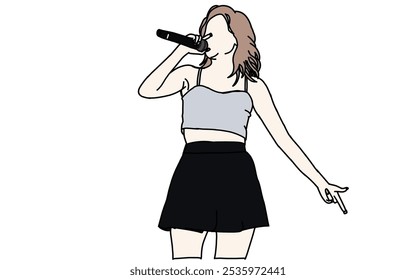 Vector de ilustración de la etapa de la moda Kpop. ídolos de coreanos actuando. Ídolo femenino de la moda del K-pop. cantante femenina que está cantando usando ropa hermosa. 