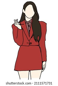 Illustration Vector Of Kpop Street Fashion. Street Idols Of Koreans. K-pop Female Fashion Idol. A Girl In A Red Dress And Skirt, She Shows A Finger Heart.