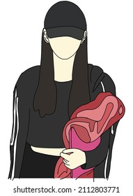 Illustrationsvektor der Kpop Street Mode. Straßengüter der Koreaner. K-Pop-Modedol Ein Mädchen in einem schwarzen T-Shirt und Hose und ein schwarzer Hut mit einer Decke in der Hand.