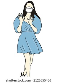 Illustration vector of Kpop street fashion. Street idols of Koreans. K-pop female fashion idol. A girl in a light blue dress and wearing a white mask.