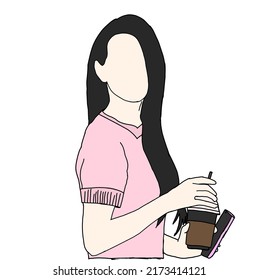 Illustrationsvektor der Kpop Street Mode. Straßen-Idole Koreas. K-Pop-Modedol Ein Mädchen in einem rosa, kurzen Ärmelpulli, hält das Mädchen eine Tasse Kaffee und ihr Handy