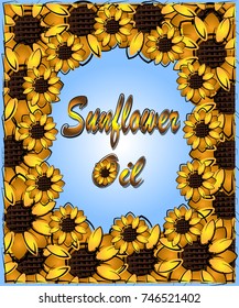 Illustration of vector label for sunflower oil with sunflowers on blue backround.