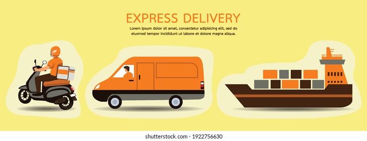 Illustration Vector Land or ground shipping. Carrier delivery service has motorcycle, van, and Cargo ship. Yellow or Orange tones. Design for banner, website, decorations, app, advertising, parcel.