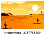 illustration, vector landscape background of the desert during the day, with a bright orange sky indicating the dryness of the desert, cacti, and the sun.
