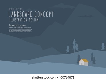 Illustration vector landscape, house is located on hill at night flat style.