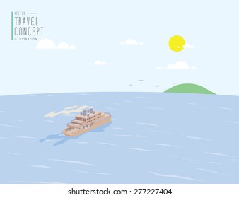 Illustration vector landscape with a View of the Sea and the ferry. On a clear day flat style.