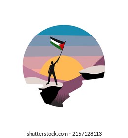 Illustration Vector Of Landscape,silhouette Man Holding The Palestine Flag In Nature 