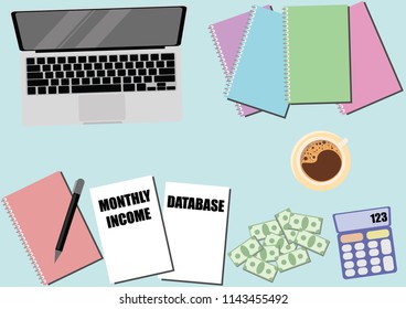 Illustration vector of laptop, documents, books, pen, calculator, bank notes and a cup of coffee on pastel colored desk or background with copy space. Business and finance concept.