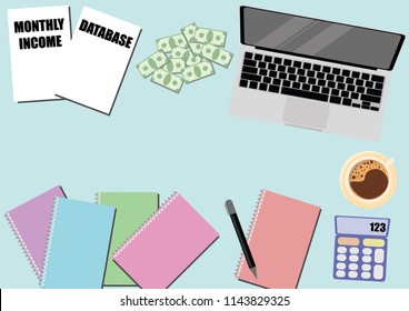 Illustration vector of laptop, documents, books, pen, calculator, bank notes and a cup of coffee on pastel colored desk or background with copy space. Business and finance concept.