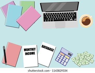 Illustration vector of laptop, documents, books, pen, calculator, bank notes and a cup of coffee on pastel colored desk or background with copy space. Business and finance concept.
