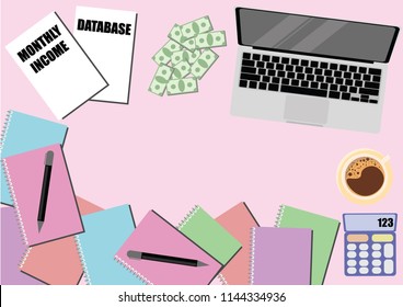 Illustration vector of laptop, documents, books, pen, calculator, bank notes and a cup of coffee on pastel colored desk or background with copy space. Business and finance concept.