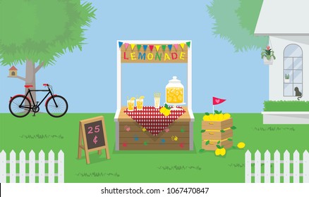 Illustration vector of lemonade stand at garden with sign and lemon wood crate and lemon juice jar.