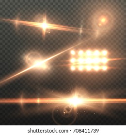 Illustration of Vector Lens Flare Effect. Realistic Sun Flare Energy Beam Explosion on Transparent Background