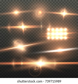 Illustration of Vector Lens Flare Effect. Realistic Sun Flare Energy Beam Explosion on Transparent Background