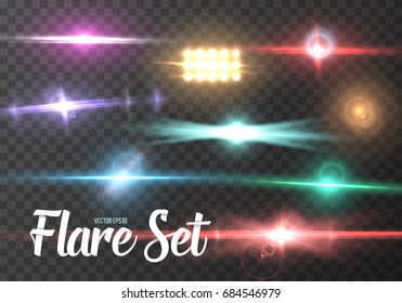 Illustration of Vector Lens Flare Set. Realistic Sun Flare Light Effect. Sun Shine Transparent Glow Template