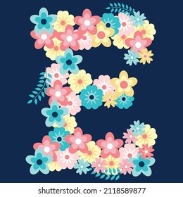 Letra vectorial de ilustración E con flores y fondo marino