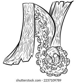 Illustration vector letter N with tentacles and wood texture fashion style.
