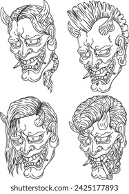 Illustration, Vektor, Line Art, Hannaya Kopfmaske, vier Frisuren
