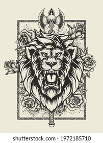 illustration vector lion head and rose flower