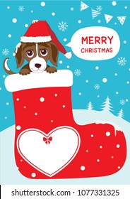 Illustration vector of a  little begle dog saying merry christmas in the stocking red.