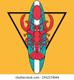 Illustration vector lobster with surfboard and background for fashion design