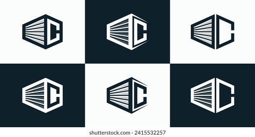 Diseño del logotipo vectorial de ilustración, colección de letras iniciales C en forma de caja de contenedores.