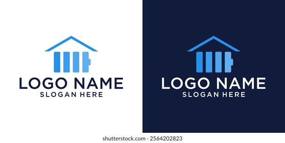 Illustration of vector logo design of house shape with solar panel roof and battery indication on the side of the wall.