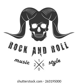 Illustration of vector logo for rock and roll of music festival on a white background. Skull with horns for poster or template of badges.