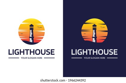 Illustration vector logo template of lighthouse with sunset background