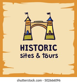 Illustration for vector logo travel company. Element for design corporate identity for excursion tour company. Free hand drawn logo with bridge and tower isolated on color background.