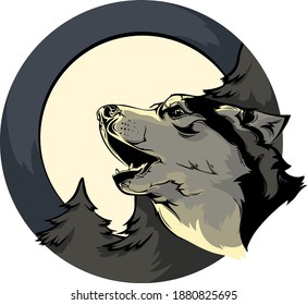 Illustration vector logo wolf howling on the moon or dog breed Siberian husky Night in the winter spruce forest dark illustration 