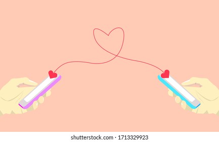 An illustration vector of long distance relationship concept of couple using smartphone to communicate. Man and girl hand tapping on touchscreen connected with love heart strings.