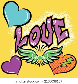 Illustration vector Love, Hearts and Wings graffiti design Cool design