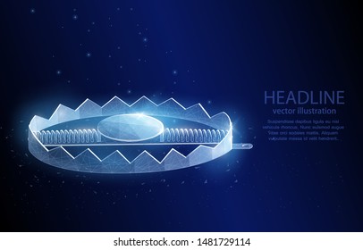 Illustration is a vector low-poly concept, on a deep blue trap background, symbolizes danger, deception, and trick.