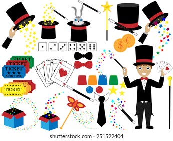 Illustration / vector. Magic show with many tricks. 