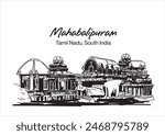 illustration vector of Mahabalipuram, Tamil Nadu, South India punch rathas