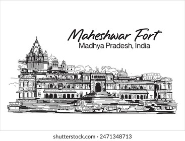 Illustration vector  Maheshwar fort in Madhaya pradesh in India.