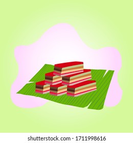 Illustration vector of Malaysia dessert, Kuih Lapis or colorful glutinous rice layer cake on banana leaves. Taste sweet and usually eaten during breakfast and snacks.