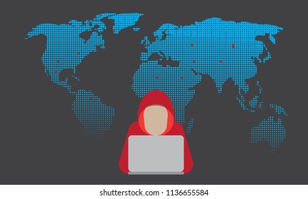 Illustration vector of a male hacker with halftone world map background
